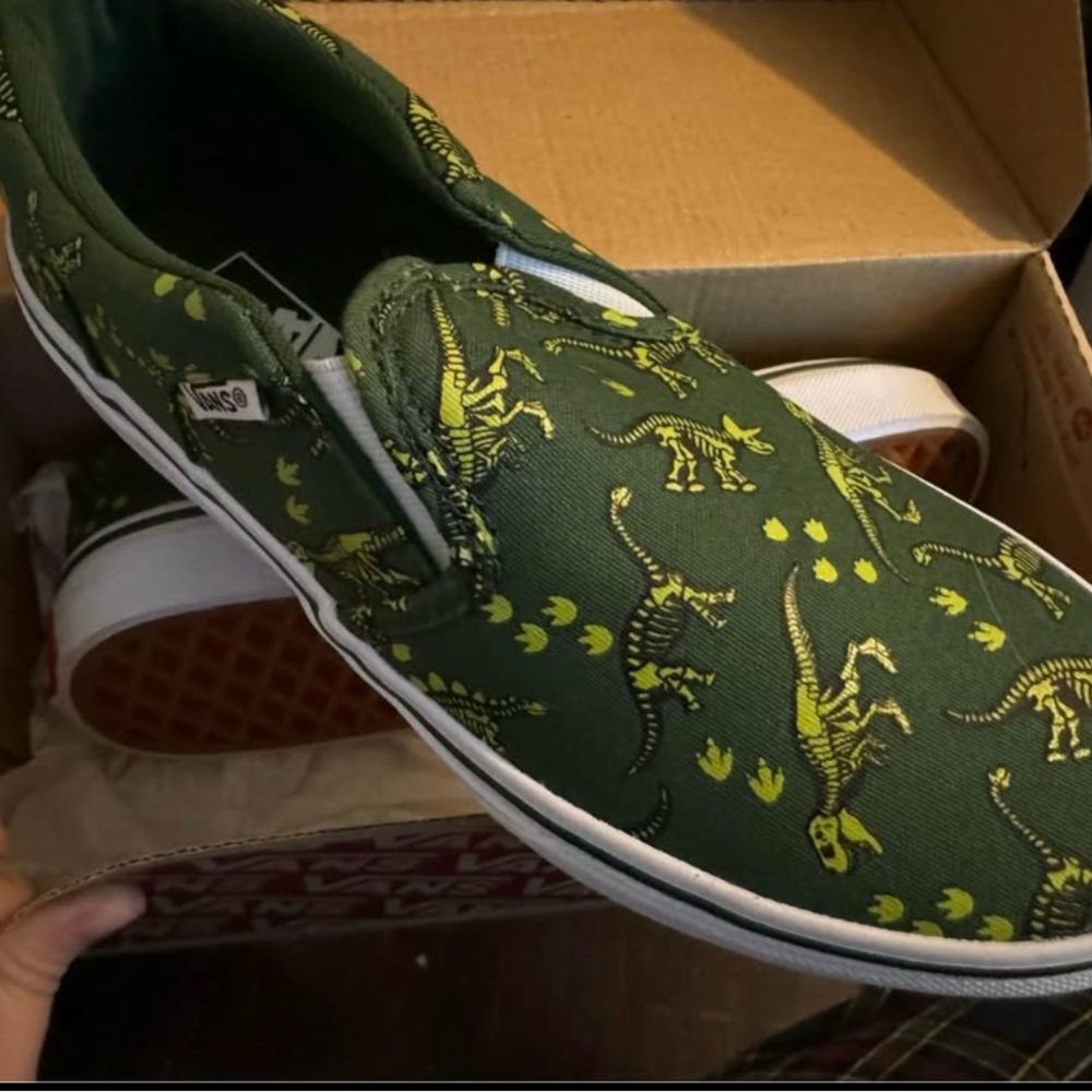 Green Dinosaur Print Slip-On Sneakers